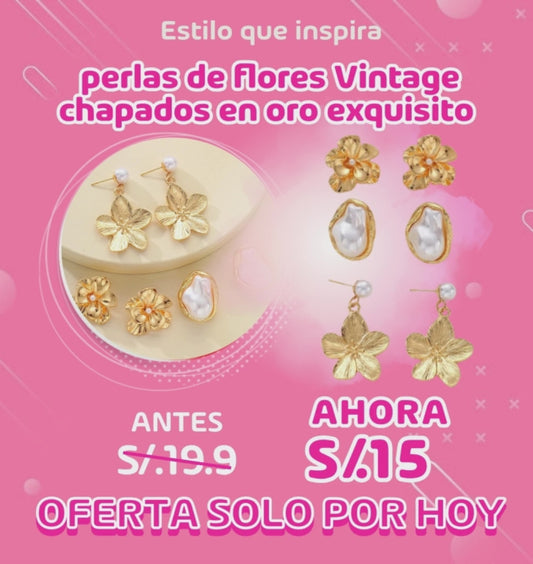 Juego de 6 uds de pendientes de perlas de flores Vintage chapados en oro exquisito